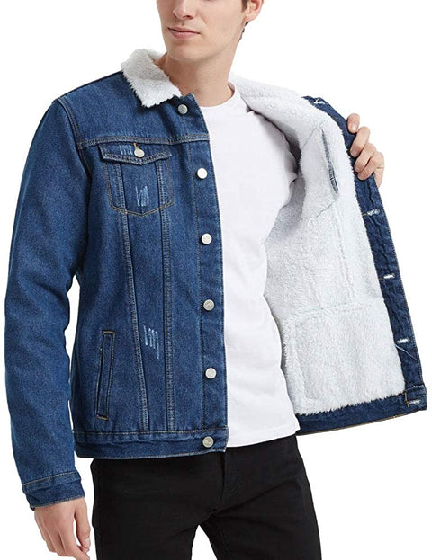 Plaid&Plain Men's Fleece Lined Borg Collar The Sherpa Trucker Jacket Jean Denim Jacket