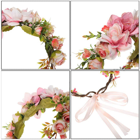 AWAYTR Flower Crown Headband Floral Headpiece Women Girl Bohemia Adjustable Tree Rattan Leaf Flower Garland Hair Wreath (Light Pink+Dark Pink)
