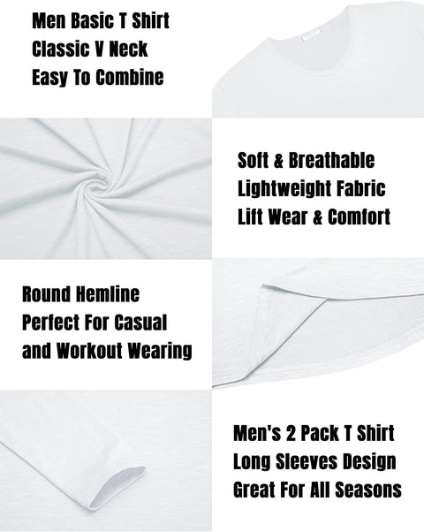 Men 2 Pack Muscle V Neck T Shirt Gym Athletic Fit Long Sleeves Tee Top