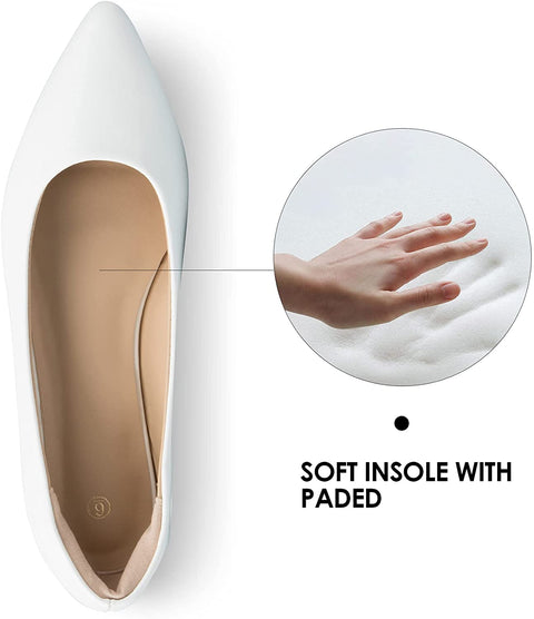 mysoft Women's Pointed Toe Ballet Flats Slip On Dress Shoes with Comfort Heel Protection White