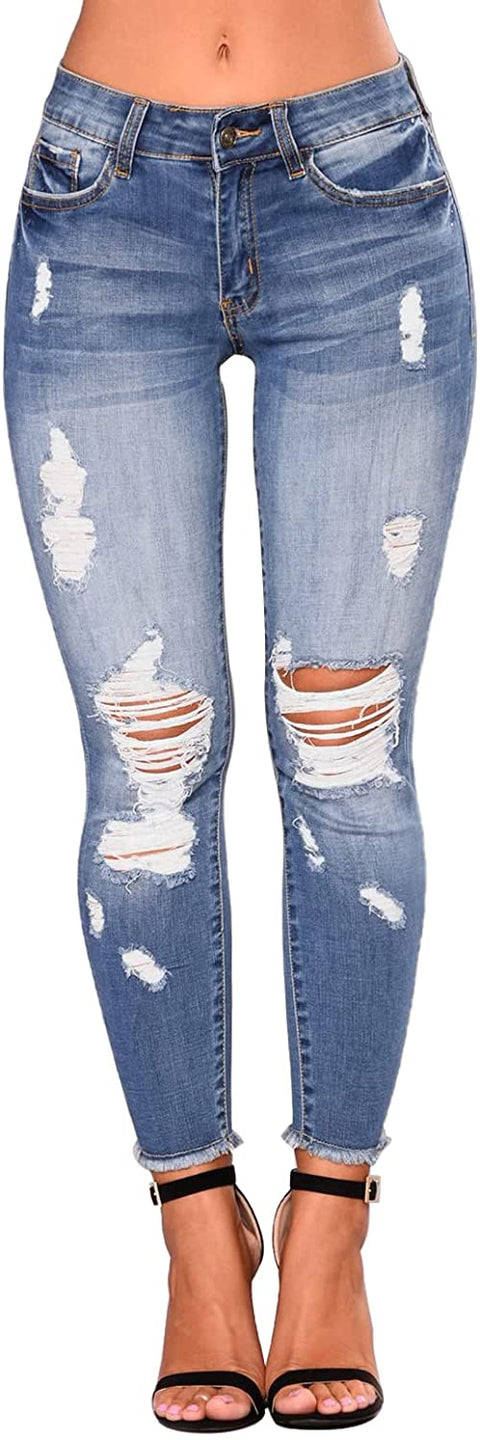 elselect Women's Fashion Ripped Jeans Mid Waist Skinny Jeans Stretch Destroyed Jeans for Women with Pockets
