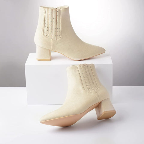 Heel The World Women's Ankle Boots Pointed Toe Low Block Heel Booties with Rhinestones