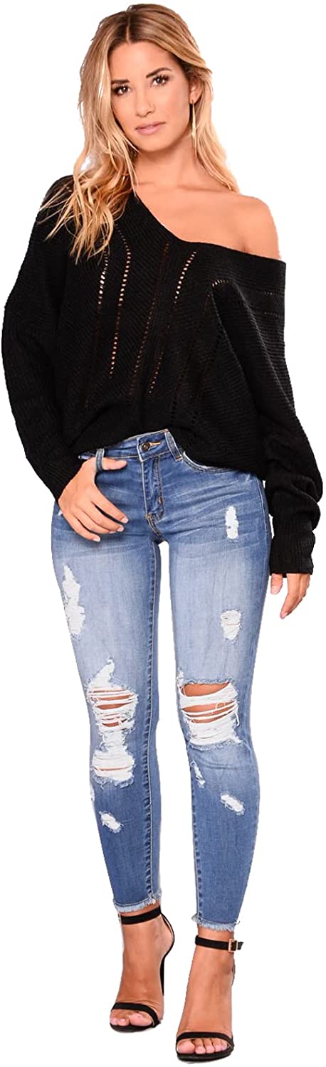elselect Women's Fashion Ripped Jeans Mid Waist Skinny Jeans Stretch Destroyed Jeans for Women with Pockets