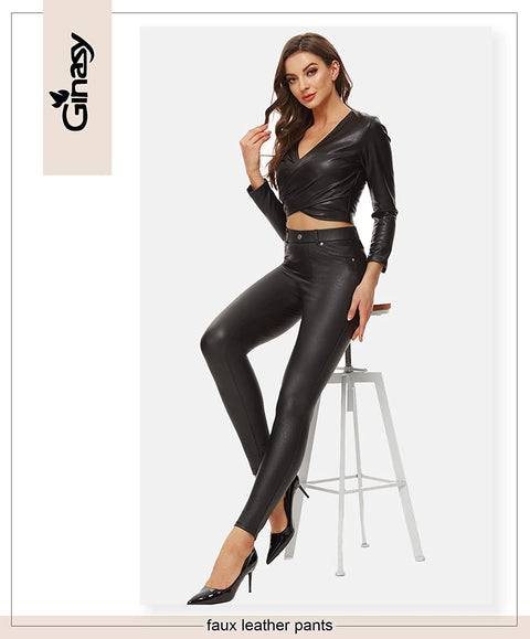 Ginasy Black Faux Leather Pants for Women High Waist Dressy Pleather Leggings