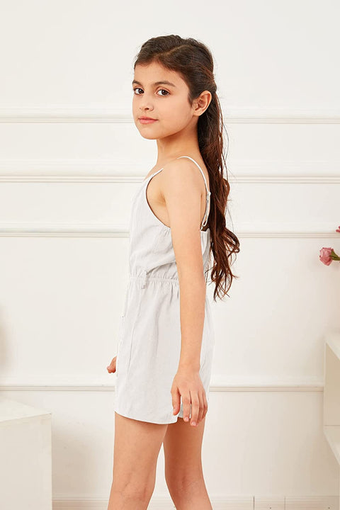 GAMISOTE Girls Romper Strappy Sleeveless Button Tie Front Jumpsuit With Pockets