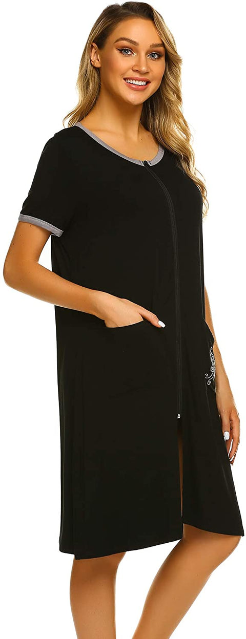 Women Zip-up Bathrobes Short Nightgown