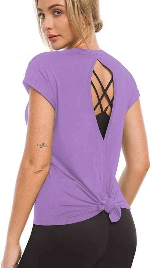Women’s Open Back Loose Fit Workout Tops Backless Short Sleeve Yoga Shirts Gym Exercise Crop Tank Tops