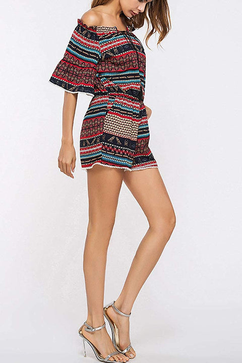 Women's Summer Casual Lotus Leaf Sleeve Printed Sweet One Piece Jumpsuit Shorts