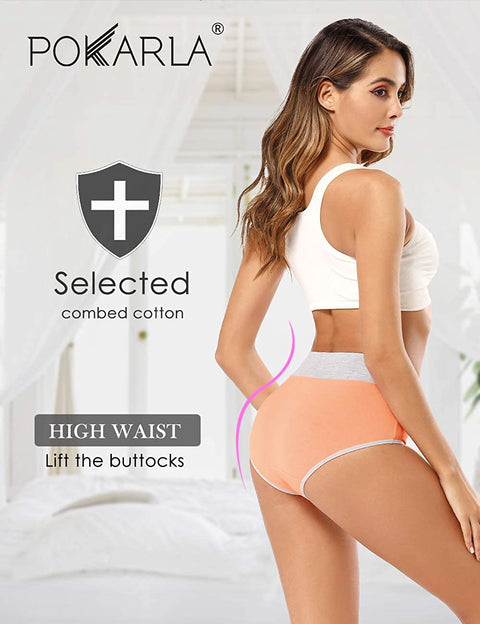 POKARLA Women's High Waisted Cotton Underwear Soft Breathable Panties Stretch Briefs Regular & Plus Size 5-Pack