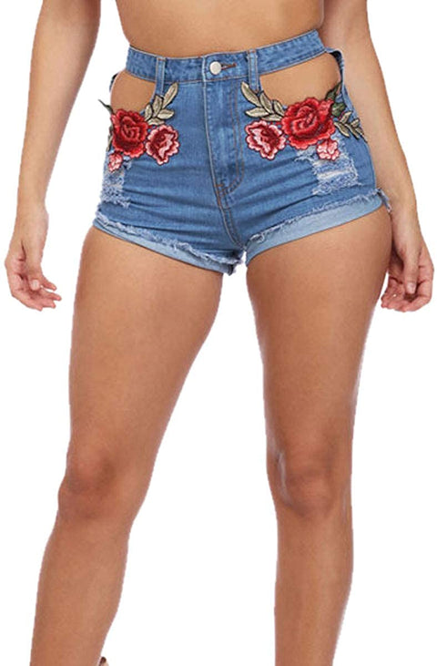 Women's Sexy Cutout Floral Embroidered High Rise Slim Junior Denim Shorts