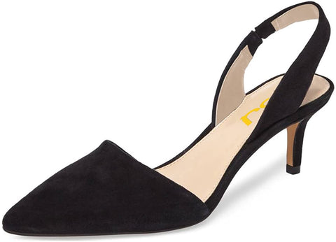 FSJ Fashion Low Kitten Heels Pumps for Women Pointed Toe Slingback Sandals Dress Shoes Size 9 Black