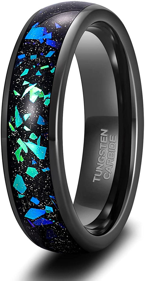 TRUMIUM 4mm 6mm Mens Tungsten Wedding Rings Galaxy Opal Inlay Wedding Bands for Women Black Sand Two Tone Polished Comfort Fit Size 5-13