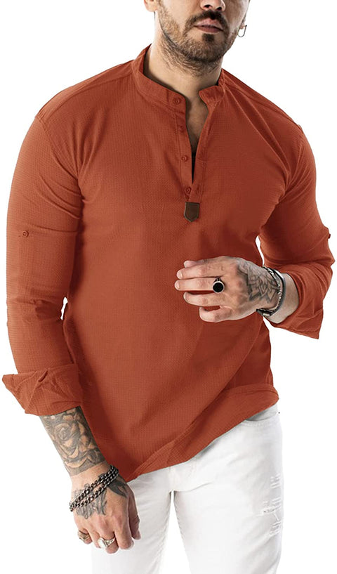 Men's Long Sleeve Cotton Henley Shirts Basic Casual Button Up Banded Collar Yoga Shirt Soft Beach Tops