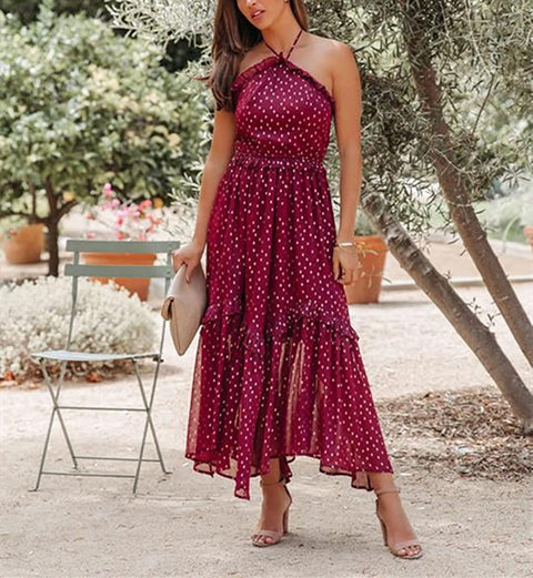 Womens Sexy Sleeveless Halter Neck Backless Floral Polka Dots Print Ruffle Tiered Boho Chiffon Flowy Long Maxi Dress