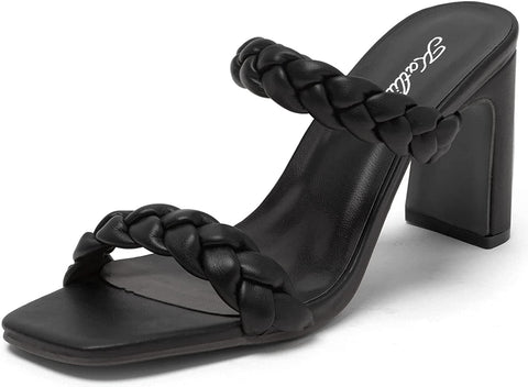 Katliu Women's Braided Heeled Mules Square Toe Block Heel Sandals Two Strap Heeled Slide Sandals