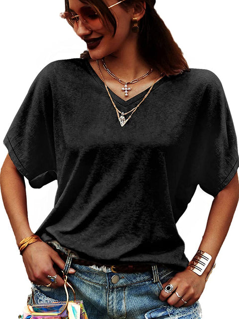 Womens V Neck Tops Short Sleeve Shirts Casual Loose Bat Sleeve T-Shirts Solid Basic Tunic Tops