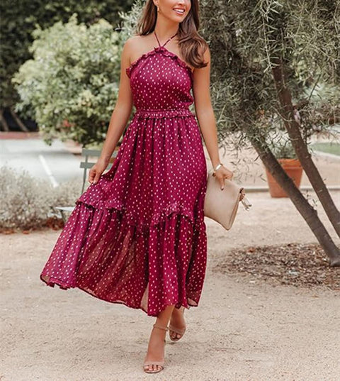 Womens Sexy Sleeveless Halter Neck Backless Floral Polka Dots Print Ruffle Tiered Boho Chiffon Flowy Long Maxi Dress