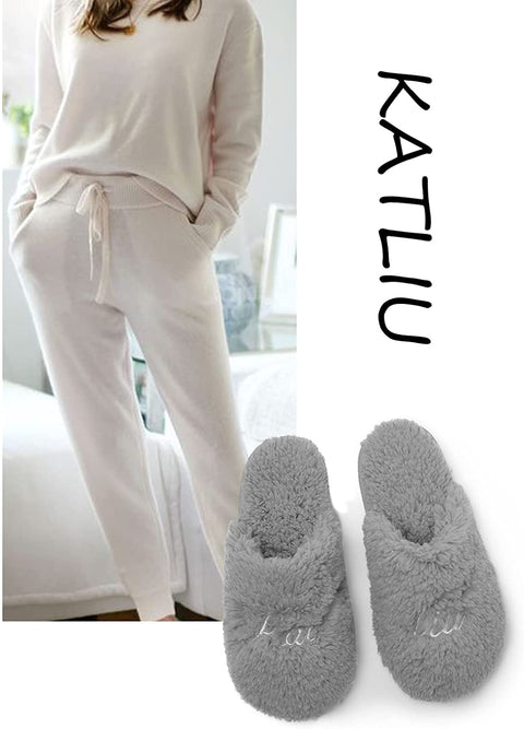 Katliu Women's Plush Slipper with Memory Foam Lightweight Indoor House Slippers Cozy Fluff Bedroom Slippers Spa Slippers Closed Toe
