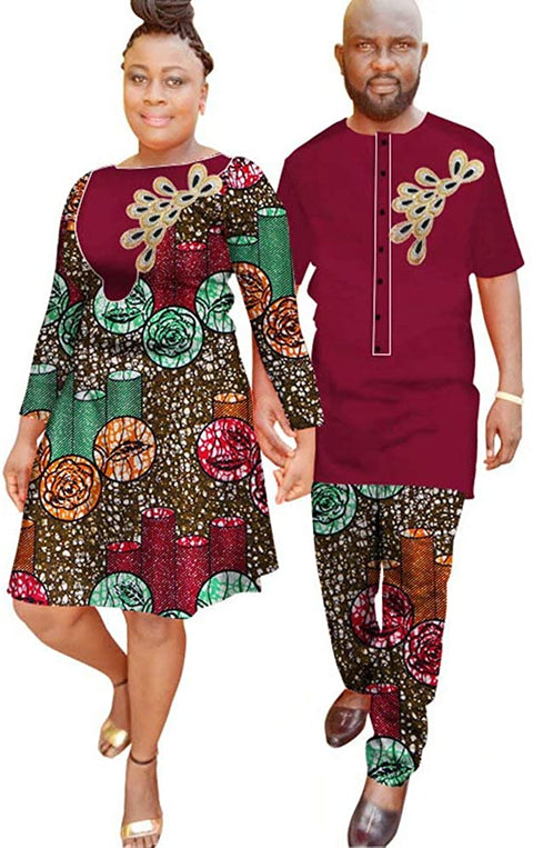 XIAOHUAGUA 2 Pieces Lovers Matching Long Sleeve Dresses with Headwrap for Womens Mens Pants Sets African Couple Wedding Clothes Red