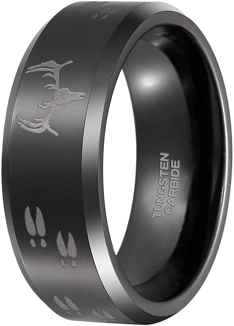 TRUMIUM 8mm Black Etched Deer Head Tungsten Carbide Wedding Band Men's Hunting Ring Size 6-15