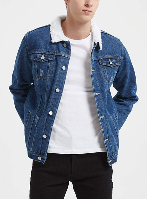 Plaid&Plain Men's Fleece Lined Borg Collar The Sherpa Trucker Jacket Jean Denim Jacket