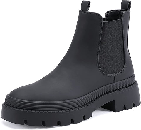 EETTARO Women's Low Heel Chelsea Boots Round Toe Elastic Ankle Boot Ladies Slip On Waterproof Leather Booties