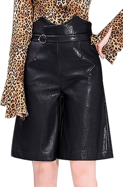 Women's Casual High Waist PU Leather Shorts Fashion Wide Leg Faux Leather Shorts