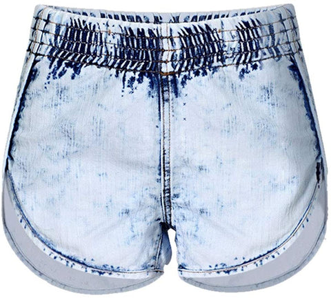 Women's Casual Elastic Waistband Mid Waisted Solid Irregular Denim Shorts