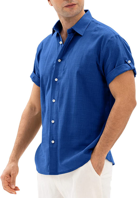 Men's Casual Button Down Linen Shirt Short Sleeve Lightweight Solid Breathable Nomal Collar Tops Shirts