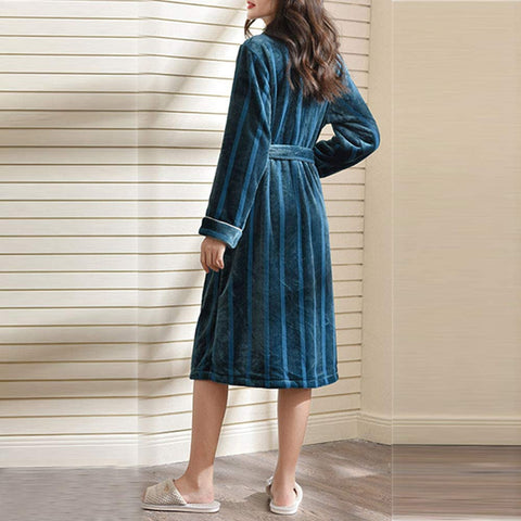 Women's Flannel Fleece Soft Warm Bathrobe Fashion Winter Striped Long Plush Robe