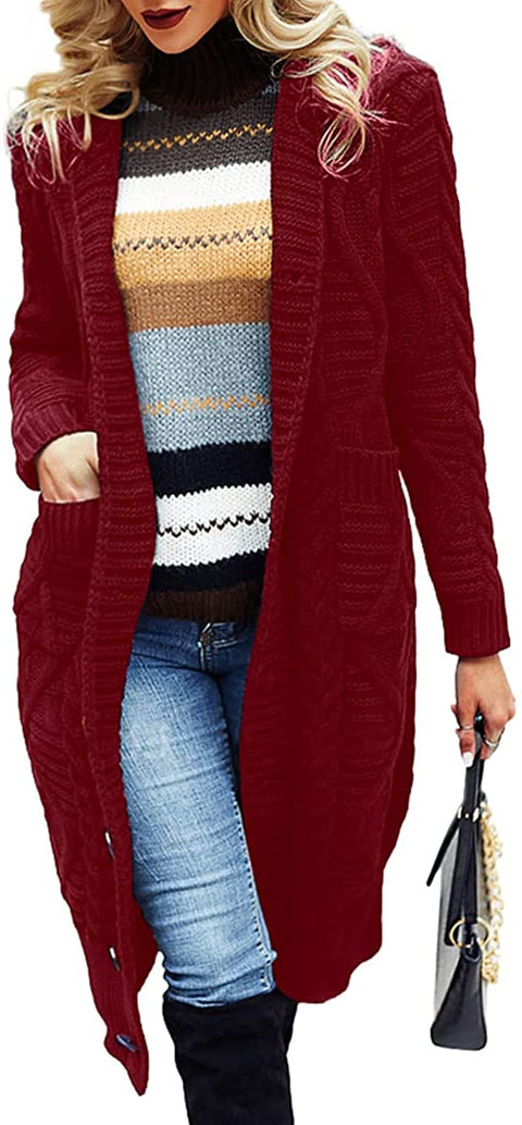 Dyexces Womens Sweaters Cardigan Long Hooded Button Open Front Sweater Cable Knit Casual Coat with Pockets