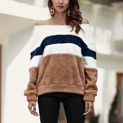 Women's Loose Fit Sweatshirt Striped Long Sleeve Color Block Fuzzy Sweaters