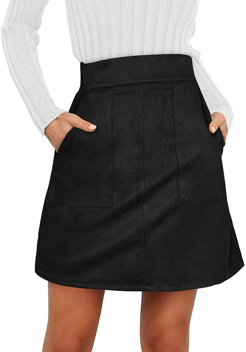 Skirts for Women High Waisted Mini Skirt Faux Suede A Line Skirt with Slant Pocket