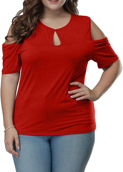 Women's Plus Size Top Keyhole Front Short Sleeve Cold Shoulder T Shirt