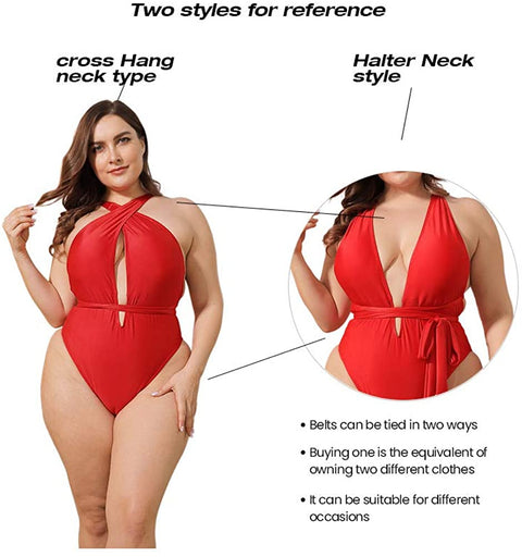 Women Plus Size Swimsuits One Piece Sexy Deep V Self Tie Halter Monokinis