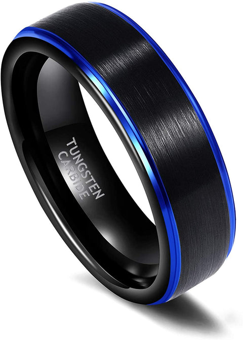 TRUMIUM 6mm 8mm Tungsten Wedding Ring Band for Men Women Black Blue Two Tone Brush Finish Scratch Resistant Size 6-13