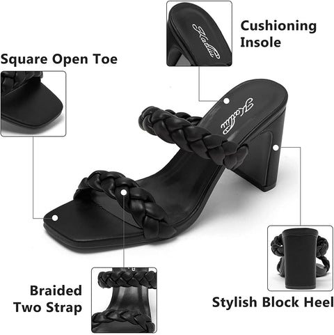 Katliu Women's Braided Heeled Mules Square Toe Block Heel Sandals Two Strap Heeled Slide Sandals