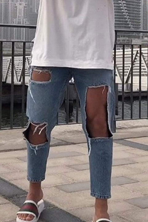 Men's Broken Holes Knee Distressed Skinny Ripped Moto Biker Hiphop Slim Leg Denim Pants