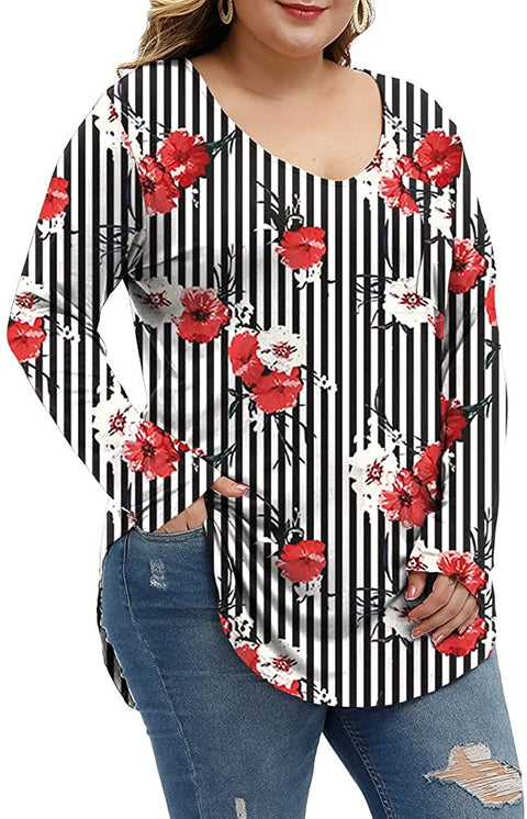 Plus Size Long Sleeve Tops for Women Floral Sexy Work Casual Womens Fall Tee Shirts