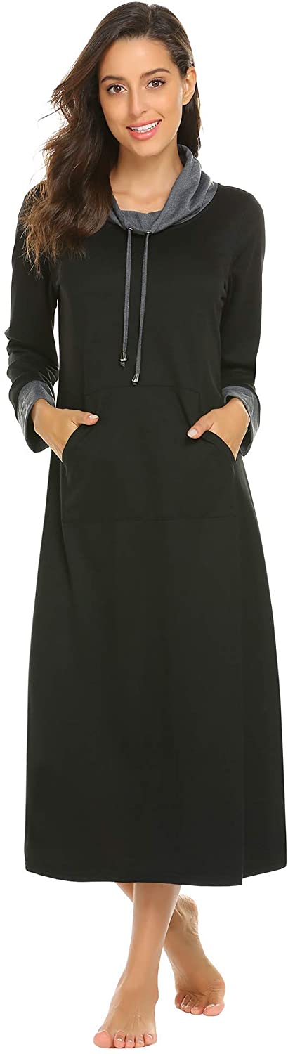 Ekouaer Nightgown Women High Neck Sleepwear Long Sleeve Nightshirt Full Length Nightdress with Pocket S-3XL
