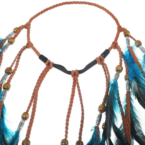 Boho Headdress Feather Headband Accessories - AWAYTR Feather Elastic Gypsy Festival Headband Indian Fancy Headpieces 1970s (Blue)