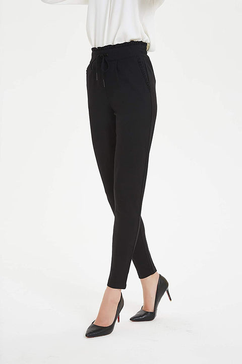 Womens Comfy Stretch Slim Skinny Ponte Pants with Ruffles Details