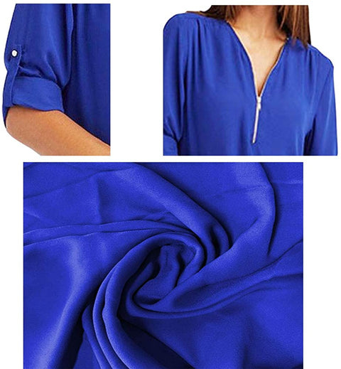 Women V Neck Plus Size Chiffon Blouse Shirts with Half-Zip Up in The Front Blue