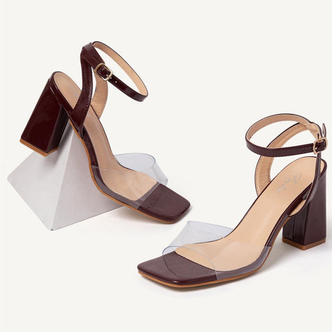 Putu Women's Clear Square Open Toe Heeled Sandals Ankle Strap Chunky Block High Heels Buckle Strappy Dressy Heeled Sandals