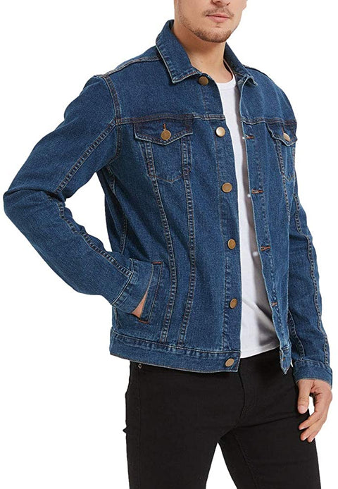 Plaid&Plain Men’s Denim Trucker Jacket Men’s Slim Fit Jean Jacket Stretch