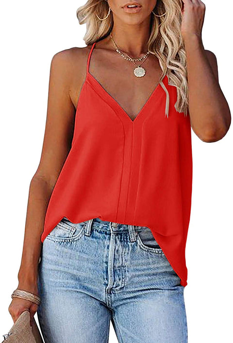 Womens Racerback Summer Camisole Tank Sleeveless Halter V Neck Casual Loose Solid Tops Orange Red