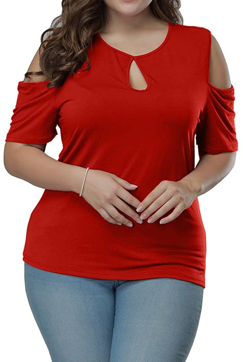 Women's Plus Size Top Keyhole Front Short Sleeve Cold Shoulder T Shirt
