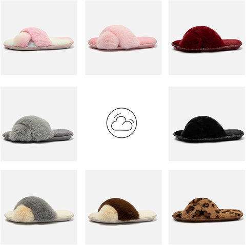 Women's Cross Band Furry Slippers Cozy Plush House Slippers Open Toe Soft Fuzzy Slippers Slip on Comfy Indoor Slippers