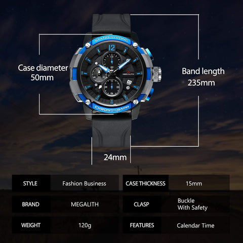 MEGALITH Men's Watch 50mm Rubber Chronograph Waterproof Large Face Watch Silicone Military Sport Analog Heavy Duty Watches for Men Luminous Multifunctional Cool Designer Gents Wrist Watches