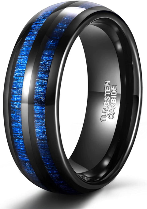 TRUMIUM 8mm Mens Tungsten Wedding Rings Blue Maple Inlay Black Tungsten Carbide Ring Engagement Band Beveled Edges Comfort Fit Size 6-13